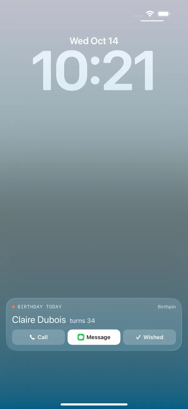 iPhone lock screen showing a Birthpin Live Activity with today's birthday reminder